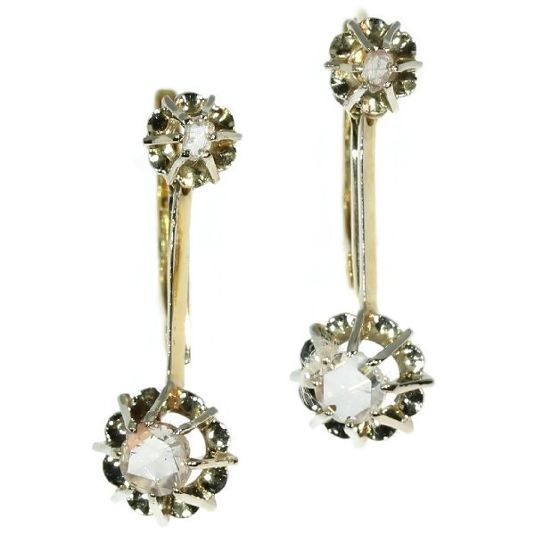 Long pendant estate earrings in two colors gold set with rose cut diamonds